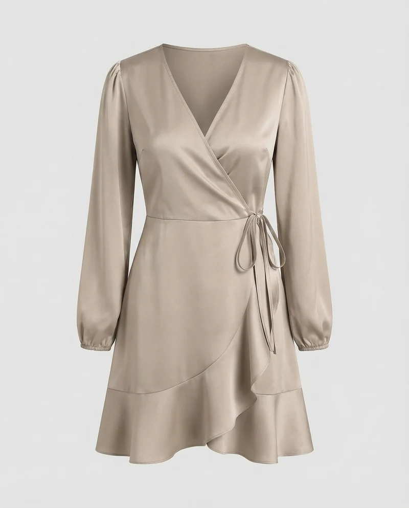 Damen Glänzende Bindegürtel Wickel-Minikleid