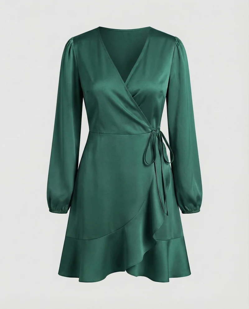 Damen Glänzende Bindegürtel Wickel-Minikleid