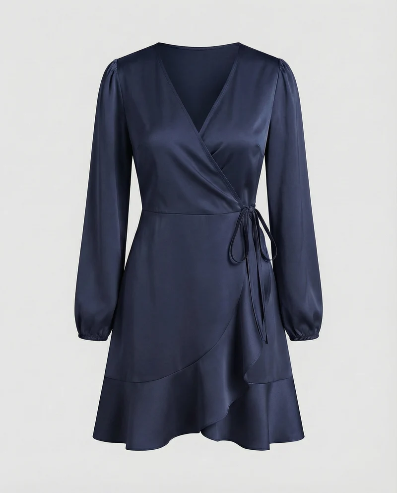 Damen Glänzende Bindegürtel Wickel-Minikleid