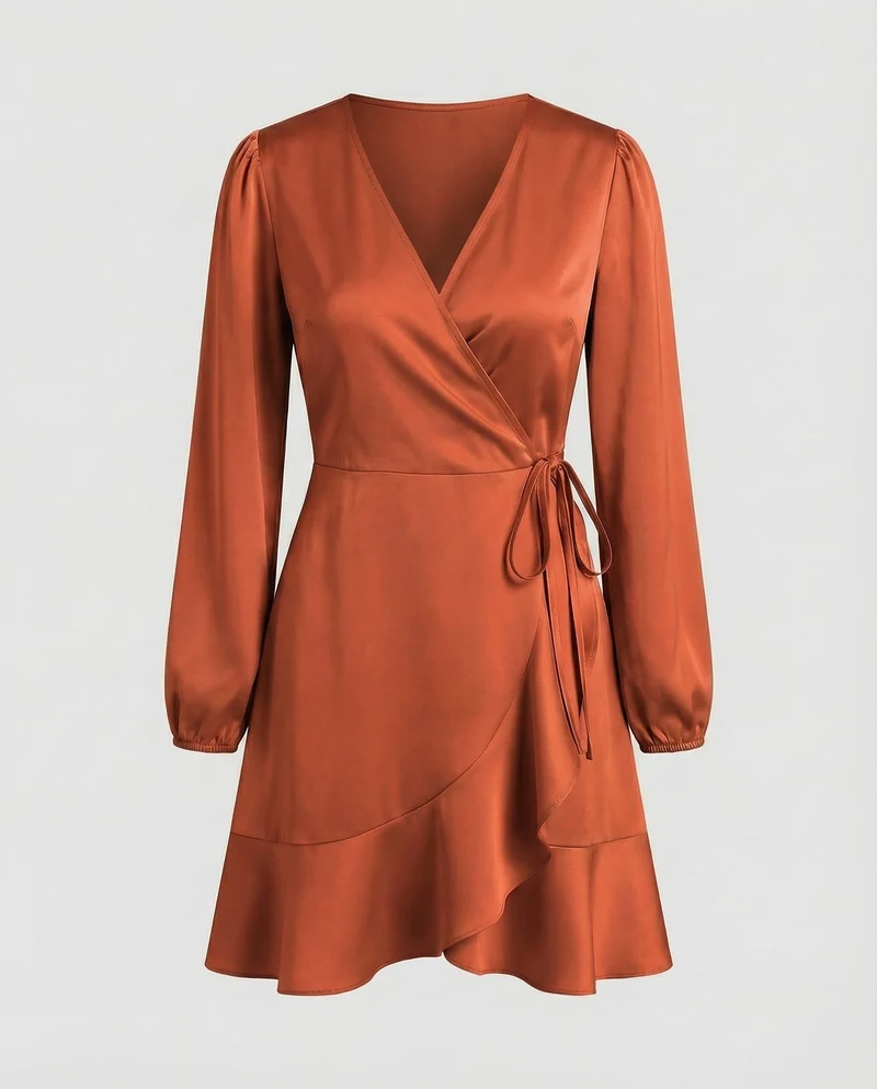 Damen Glänzende Bindegürtel Wickel-Minikleid
