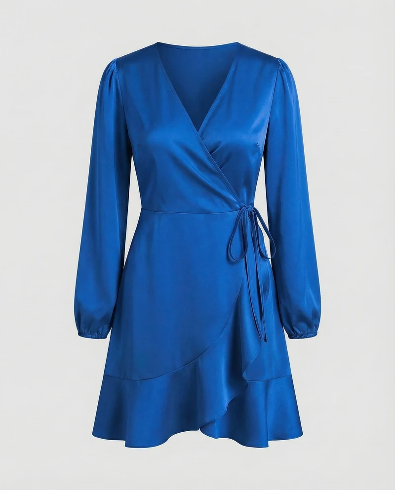 Damen Glänzende Bindegürtel Wickel-Minikleid