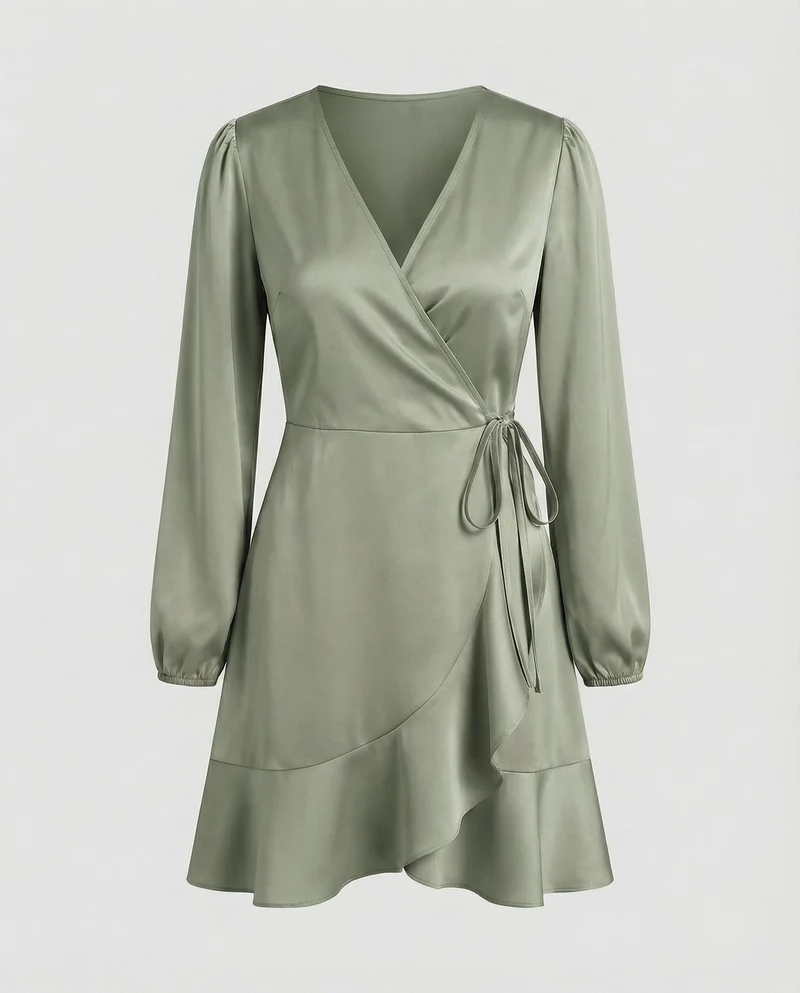 Damen Glänzende Bindegürtel Wickel-Minikleid