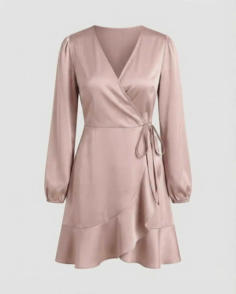 Damen Glänzende Bindegürtel Wickel-Minikleid