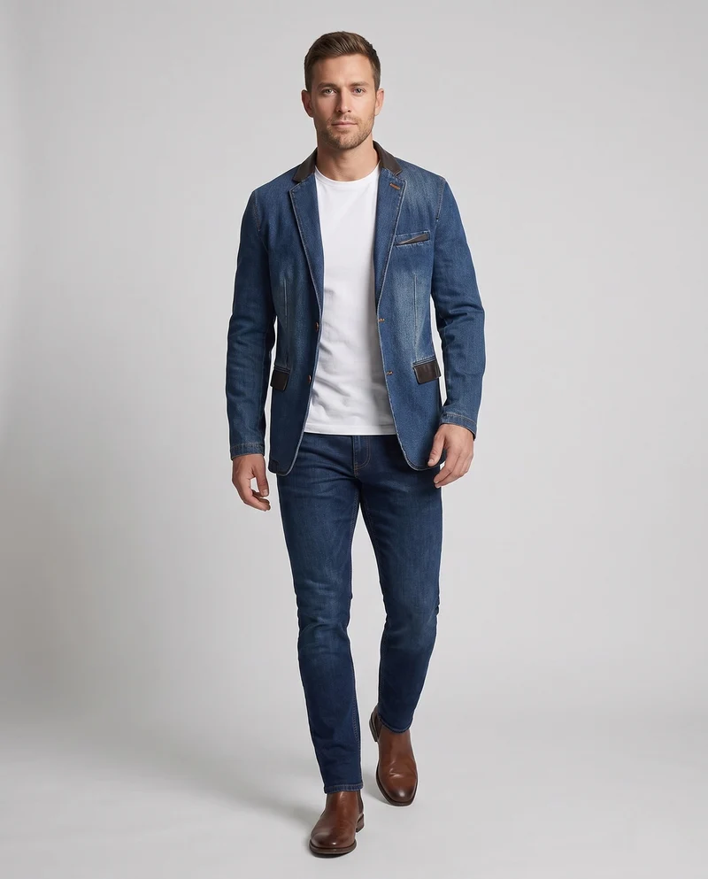 Herren Modische Jeansjacke mit Lederapplikationen Nord Taschen