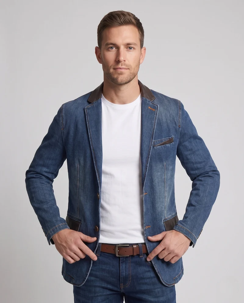 Herren Modische Jeansjacke mit Lederapplikationen Nord Taschen