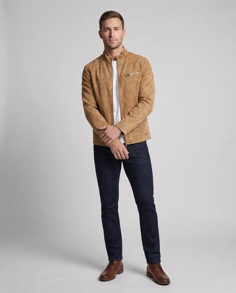 Herren Modische Jeansjacke mit Stehkragen Nord Taschen