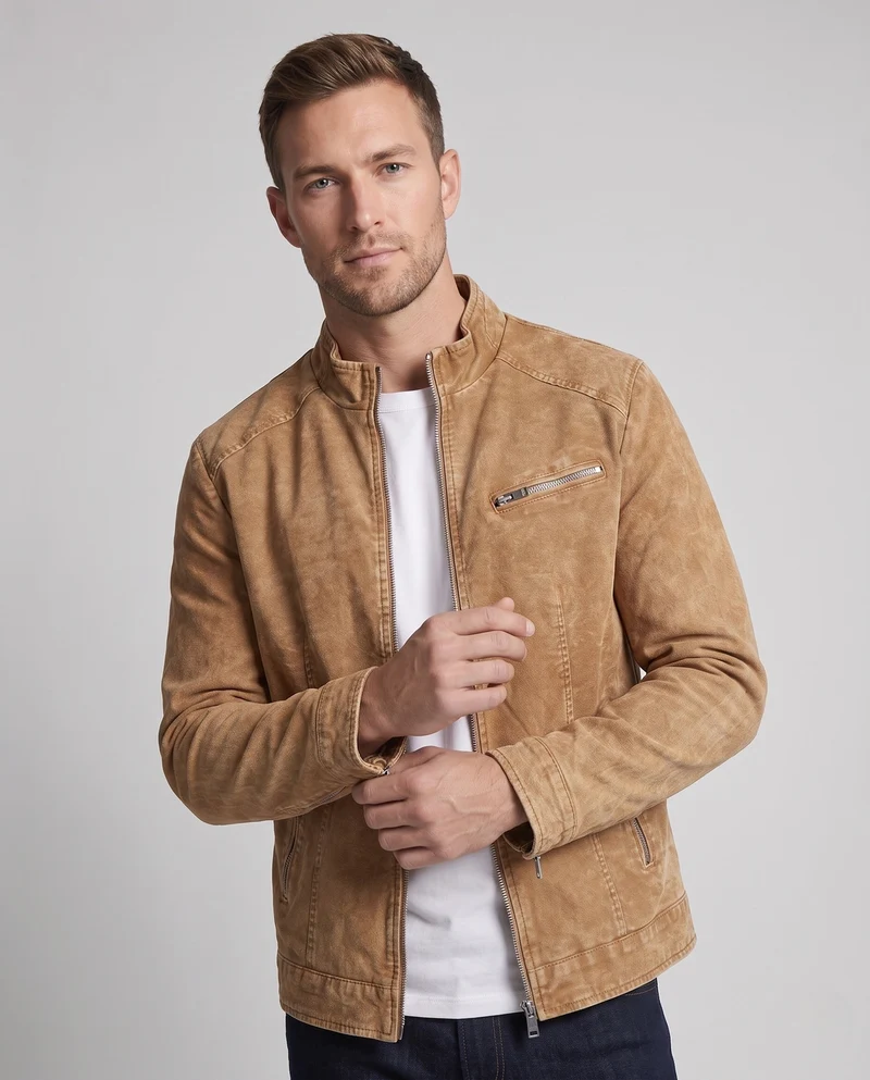 Herren Modische Jeansjacke mit Stehkragen Nord Taschen