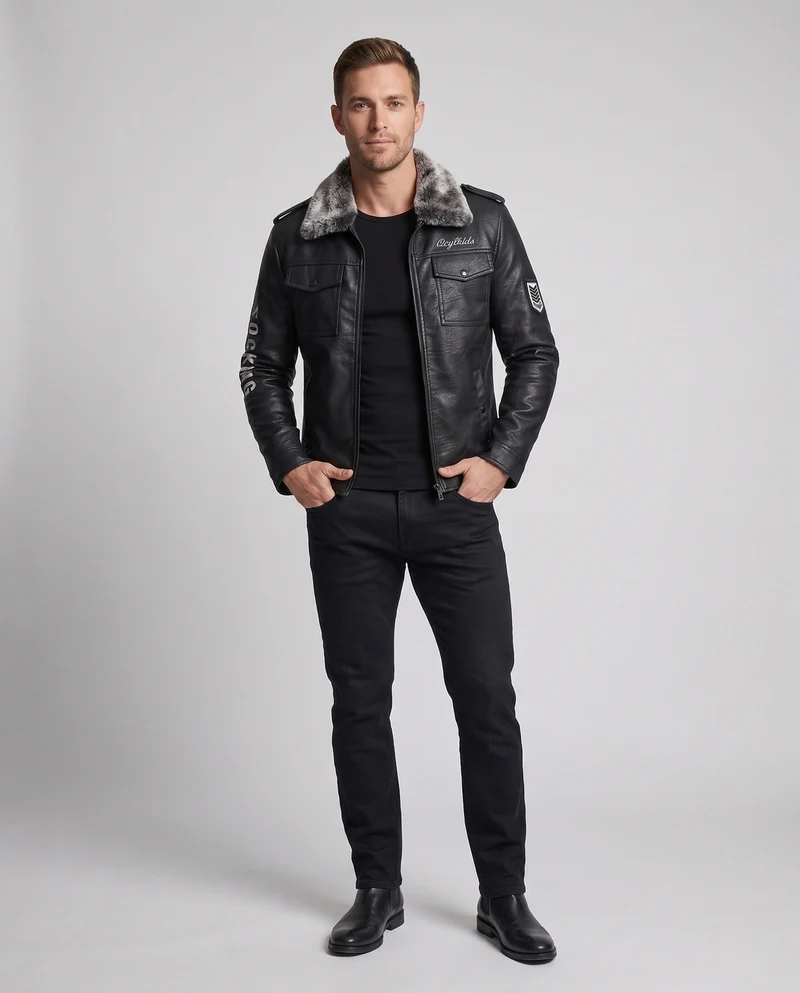 Herren Modische Kunstlederjacke mit Fellkragen Nord Taschen