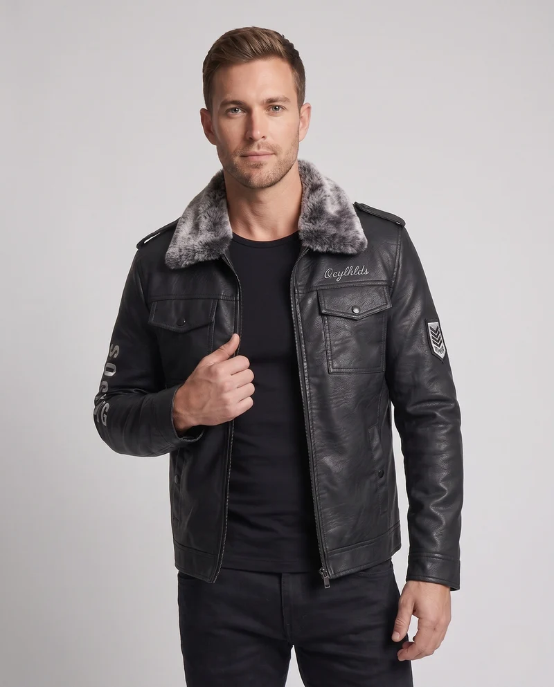 Herren Modische Kunstlederjacke mit Fellkragen Nord Taschen