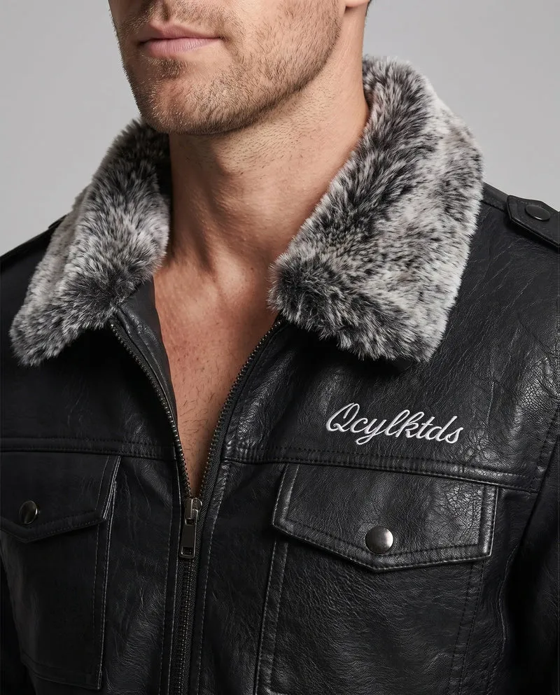 Herren Modische Kunstlederjacke mit Fellkragen Nord Taschen