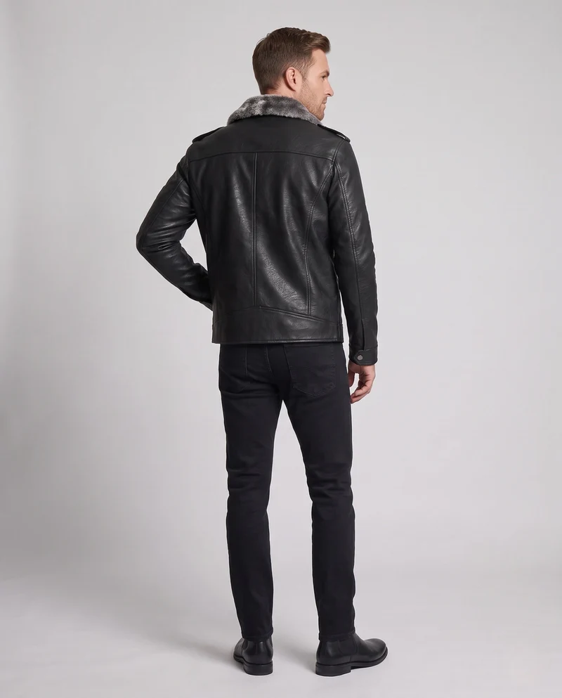 Herren Modische Kunstlederjacke mit Fellkragen Nord Taschen