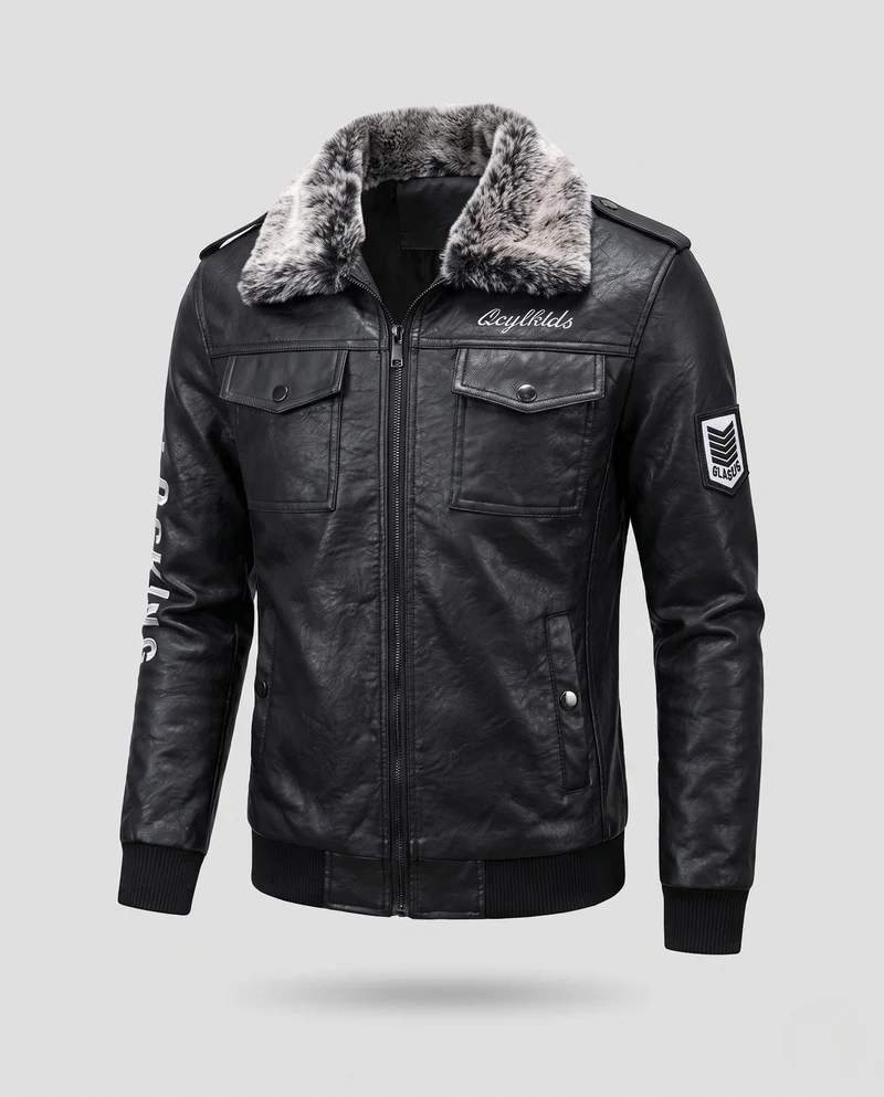 Herren Modische Kunstlederjacke mit Fellkragen Nord Taschen