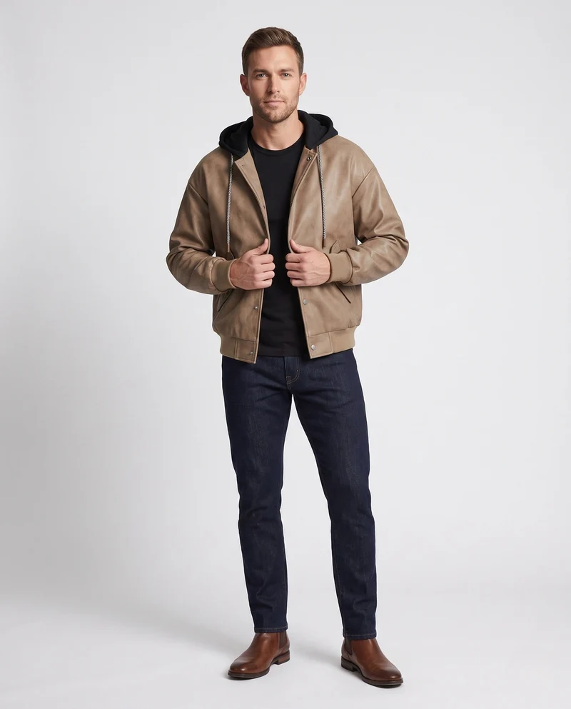 Herren Modische Kunstlederjacke mit Kapuze Nord Taschen