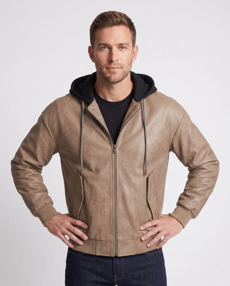 Herren Modische Kunstlederjacke mit Kapuze Nord Taschen