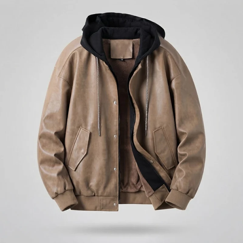Herren Modische Kunstlederjacke mit Kapuze Nord Taschen