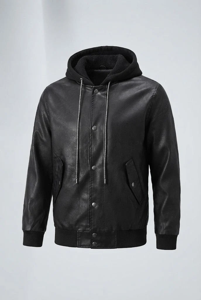 Herren Modische Kunstlederjacke mit Kapuze Nord Taschen