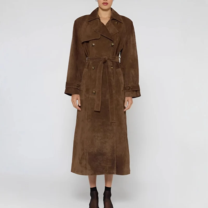 Damen langer Wildleder-Trenchcoat mit Taillengürtel Nord Taschen