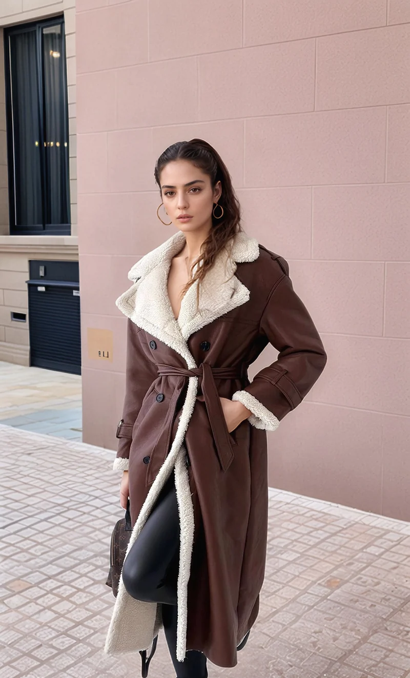 Damen Langer Mantel im Trenchstil mit Teddyfutter und taillierter Silhouette Nord Taschen