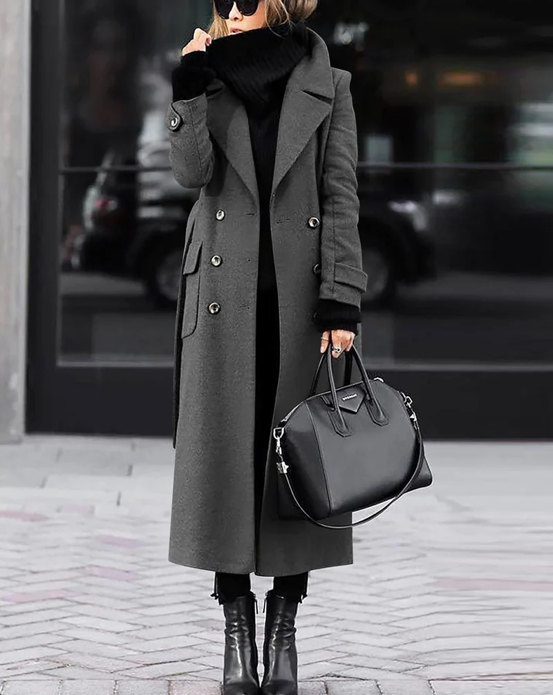 Damen Langer Doppelreihiger Wollmix-Mantel mit markantem Revers und Pattentaschen Nord Taschen