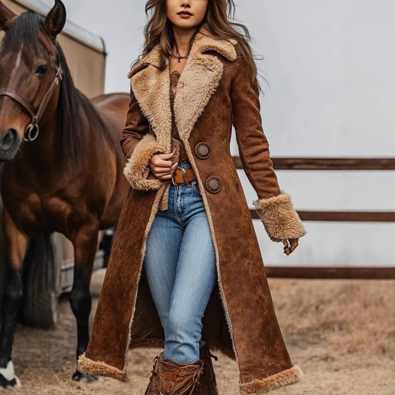 Damen Lang geschnittener Velours-Shearling-Mantel mit Teddybesatz und taillierter Silhouette Nord Taschen