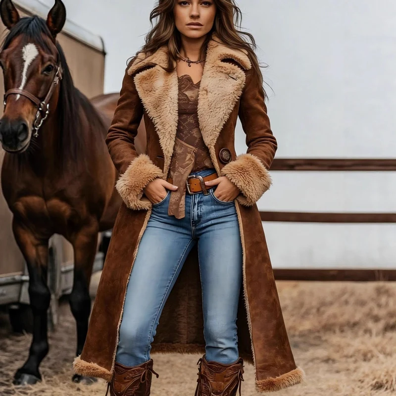 Damen Lang geschnittener Velours-Shearling-Mantel mit Teddybesatz und taillierter Silhouette Nord Taschen