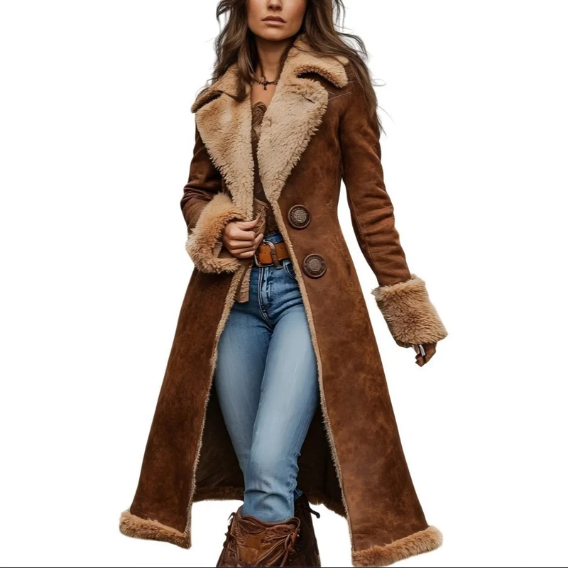 Damen Lang geschnittener Velours-Shearling-Mantel mit Teddybesatz und taillierter Silhouette Nord Taschen