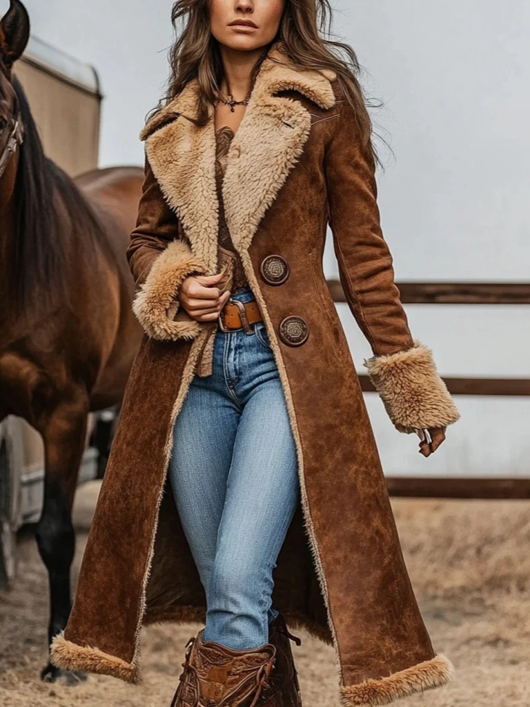 Damen Lang geschnittener Velours-Shearling-Mantel mit Teddybesatz und taillierter Silhouette Nord Taschen