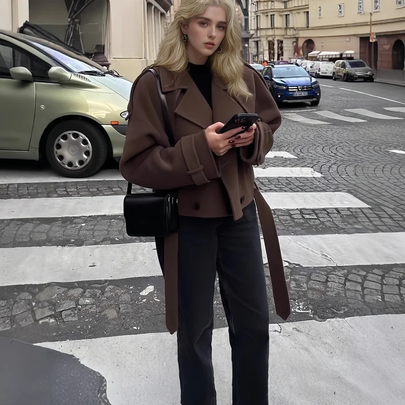 Damen Kurzschnitt Woll-Cabanjacke mit breitem Revers, Bindegürtel und Krempelärmeln Nord Taschen