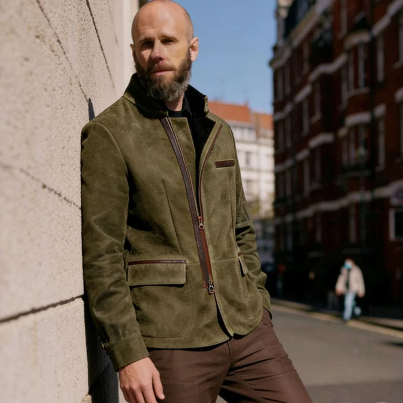 Herren Lederjacke mit hohem Stehkragen und asymmetrischem Zweiwege-Reißverschluss Nord Taschen