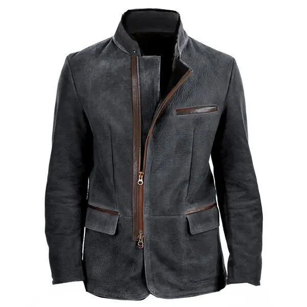 Herren Lederjacke mit hohem Stehkragen und asymmetrischem Zweiwege-Reißverschluss Nord Taschen