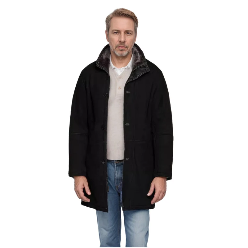 Herren Langer Thermomantel im Field-Stil mit Kunstlammfell-Innenseiten und Zweiwege-Reißverschluss Nord Taschen