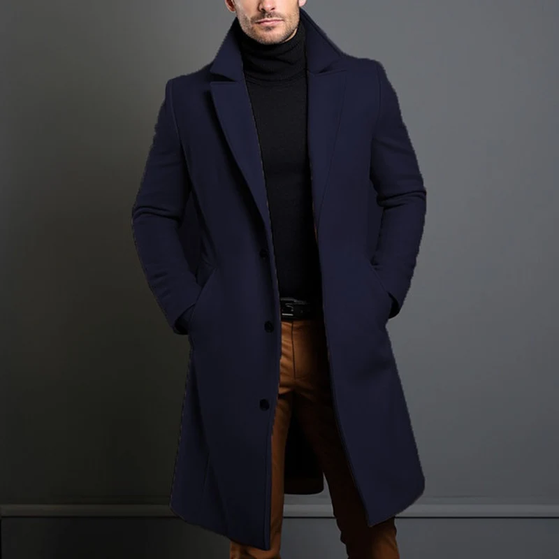 Herren Langer taillierter Wollmantel mit Reverskragen und Pattentaschen Nord Taschen