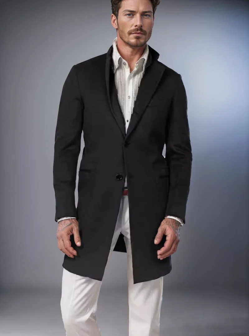 Herren Langer taillierter Wollmantel mit Reverskragen und Pattentaschen Nord Taschen
