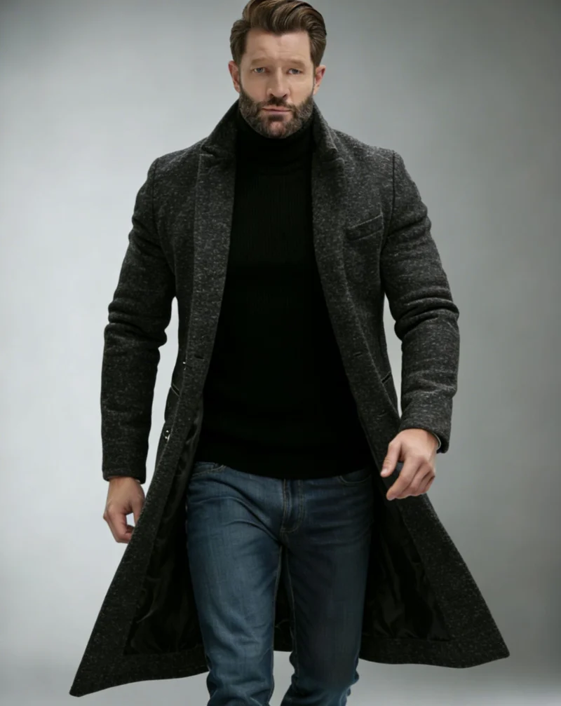 Herren Langer taillierter Wollmantel mit Reverskragen und Pattentaschen Nord Taschen