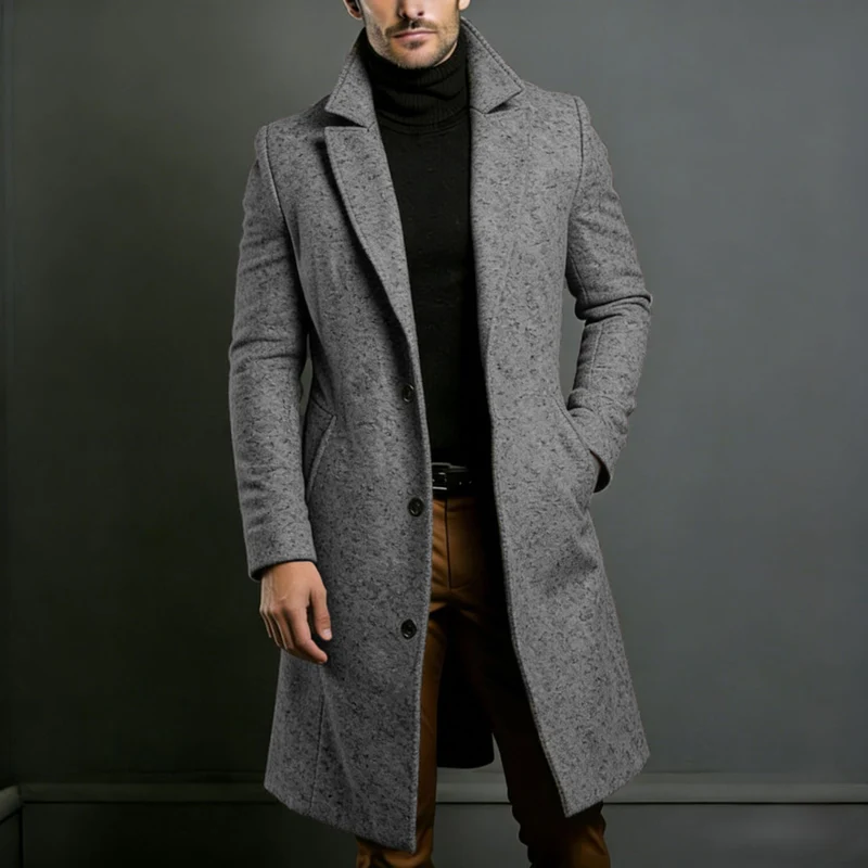 Herren Langer taillierter Wollmantel mit Reverskragen und Pattentaschen Nord Taschen