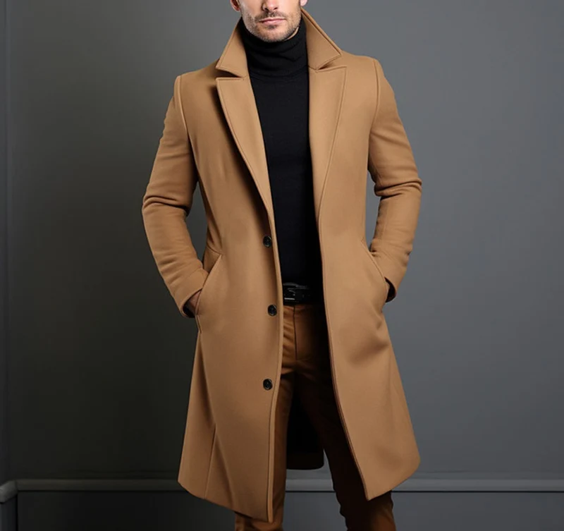 Herren Langer taillierter Wollmantel mit Reverskragen und Pattentaschen Nord Taschen