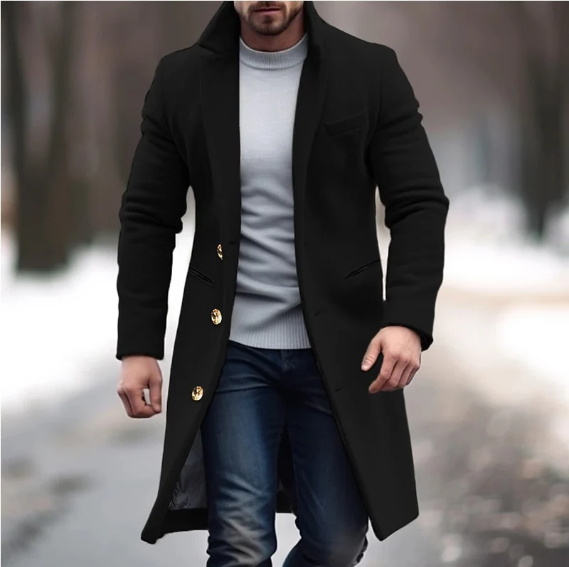 Herren Langer taillierter Wollmantel mit Reverskragen und Pattentaschen Nord Taschen