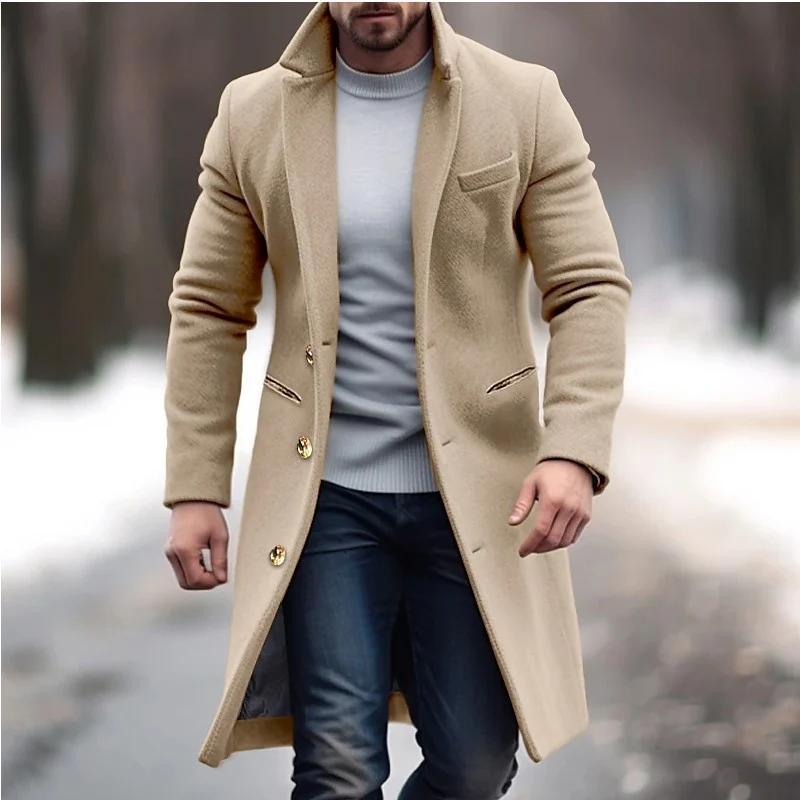 Herren Langer taillierter Wollmantel mit Reverskragen und Pattentaschen Nord Taschen