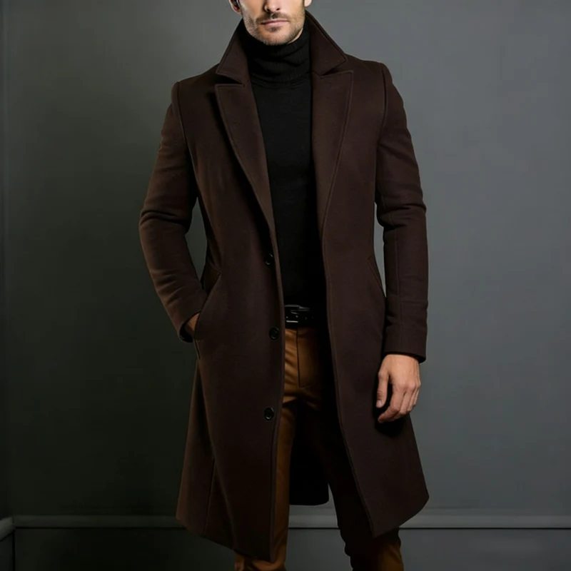 Herren Langer taillierter Wollmantel mit Reverskragen und Pattentaschen Nord Taschen
