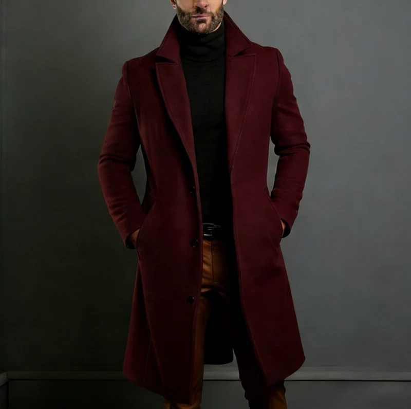 Herren Langer taillierter Wollmantel mit Reverskragen und Pattentaschen Nord Taschen