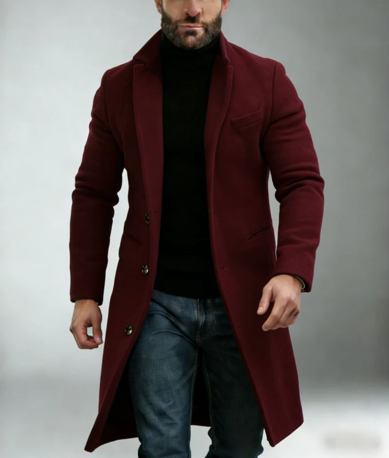 Herren Langer taillierter Wollmantel mit Reverskragen und Pattentaschen Nord Taschen
