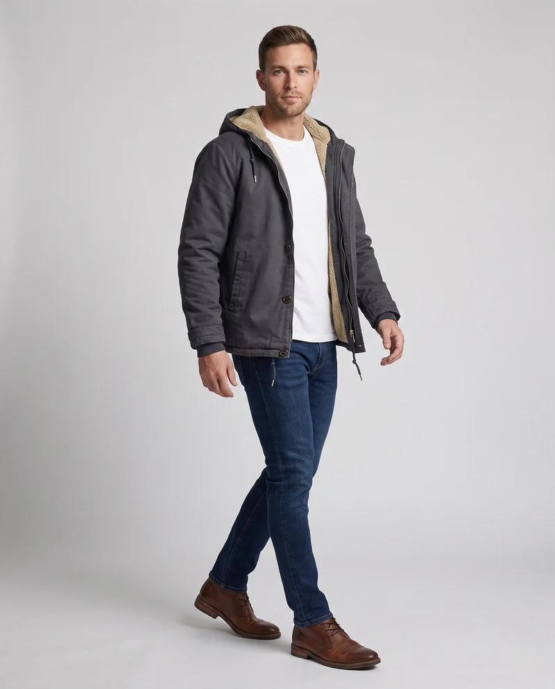 Herren Kapuzencanvasjacke mit vollständiger Teddy-Fütterung und verstellbarem Saum Nord Taschen