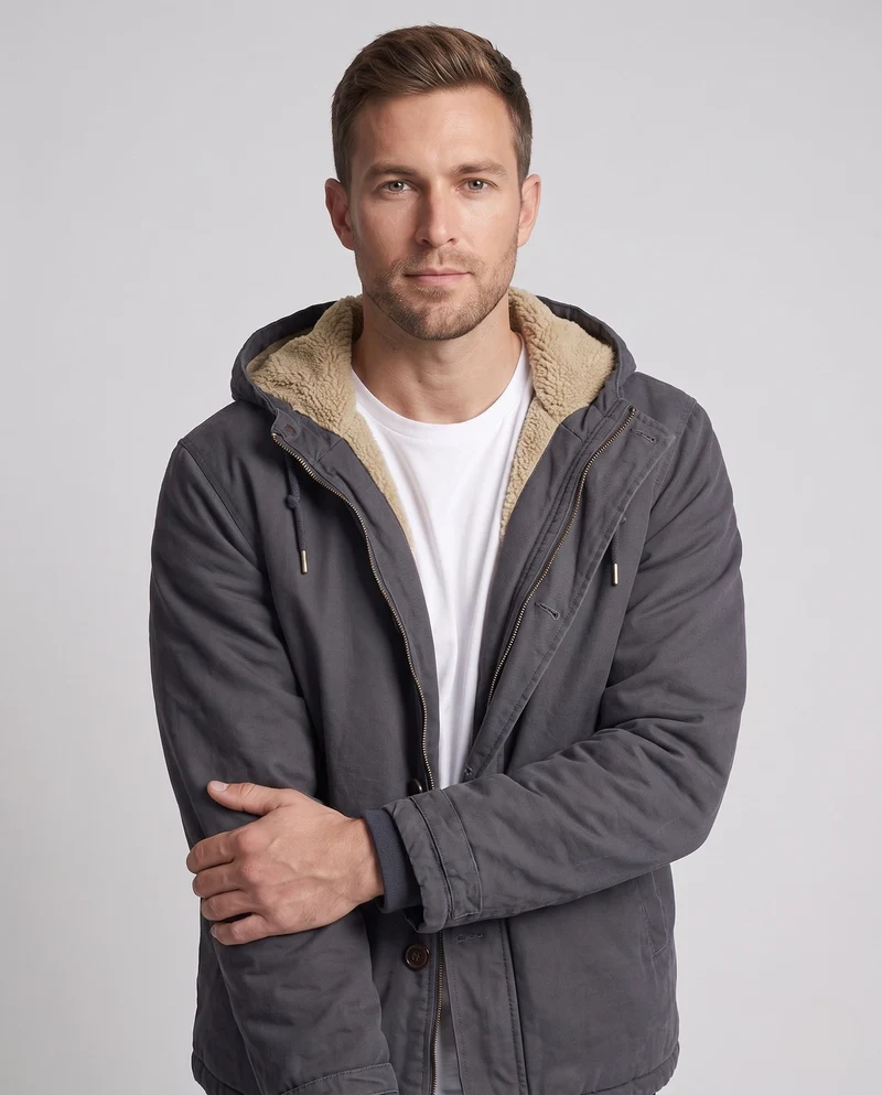Herren Kapuzencanvasjacke mit vollständiger Teddy-Fütterung und verstellbarem Saum Nord Taschen