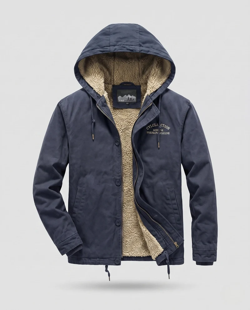 Herren Kapuzencanvasjacke mit vollständiger Teddy-Fütterung und verstellbarem Saum Nord Taschen