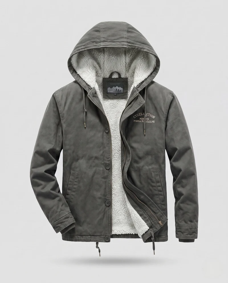 Herren Kapuzencanvasjacke mit vollständiger Teddy-Fütterung und verstellbarem Saum Nord Taschen