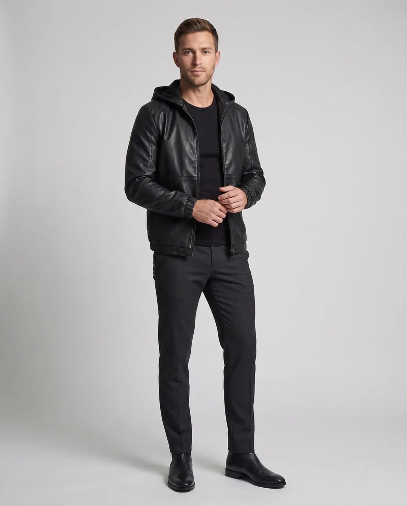 Herren Kapuzenblouson in Lederlook mit minimalem Reißverschluss und elastischen Bündchen Nord Taschen