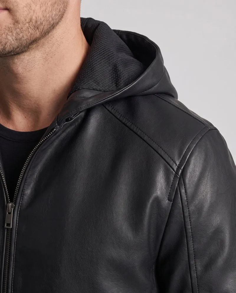 Herren Kapuzenblouson in Lederlook mit minimalem Reißverschluss und elastischen Bündchen Nord Taschen