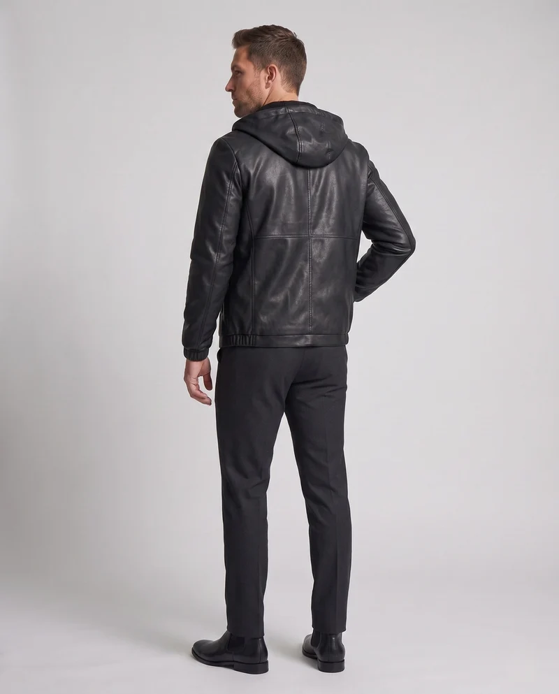 Herren Kapuzenblouson in Lederlook mit minimalem Reißverschluss und elastischen Bündchen Nord Taschen