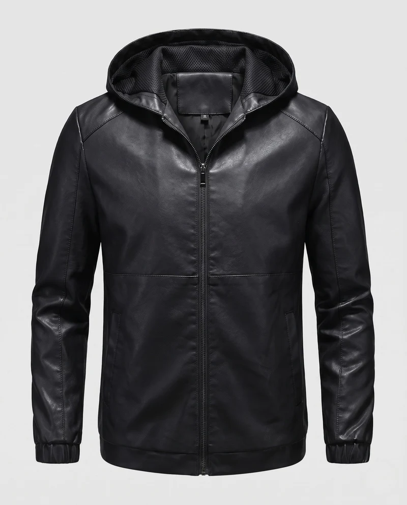 Herren Kapuzenblouson in Lederlook mit minimalem Reißverschluss und elastischen Bündchen Nord Taschen