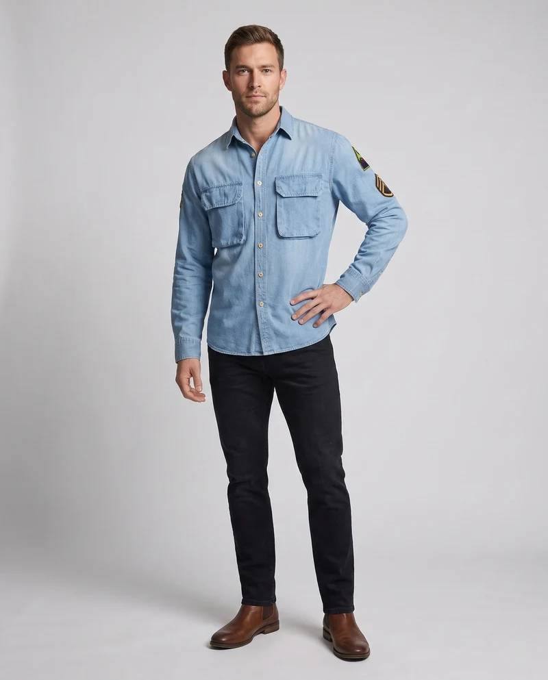 Männer Jeanshemdjacke mit doppelten Brustklappen und Ärmelpatches Nord Taschen